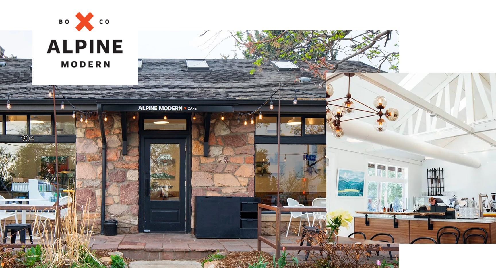 Alpine Modern cafe — logo, exterior storefront, and bright interior